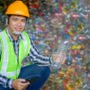 A male worker working at a recycling plant holds plastic bottles and tablets to dispose of and recycle plastic bottles at a small waste recycling plant