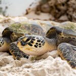 a turtle is laying on the sand with his feet on the ground