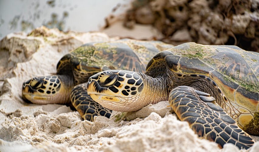 a turtle is laying on the sand with his feet on the ground