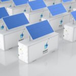 3d rendering group of energy storage systems or battery container units with solar panels