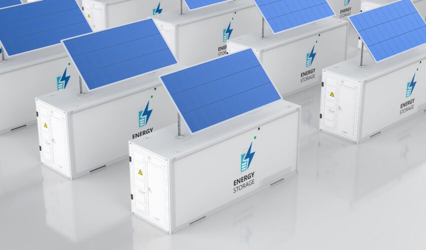 3d rendering group of energy storage systems or battery container units with solar panels