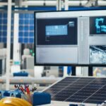 Monitor in green energy solar panels plant with software used to optimize layouts