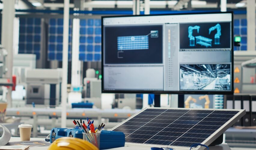 Monitor in green energy solar panels plant with software used to optimize layouts